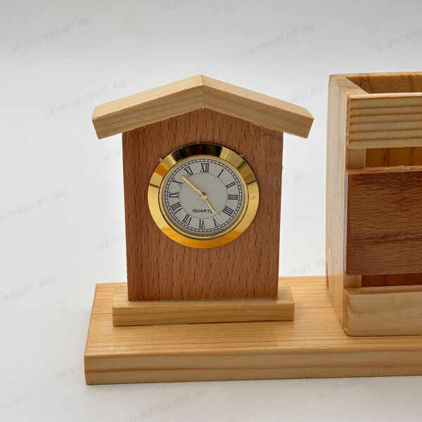 A Perfect Blend of Functionality and Aesthetic Charm – Elegant Wooden Pen Stand with Built-in Clock - Image 4