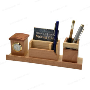 Elegant Wooden Pen Stand with Clock, Card Holder, and Multi-Utility Organizer