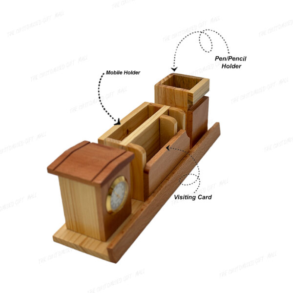 Elegant Wooden Pen Stand with Clock, Card Holder, and Multi-Utility Organizer - Image 2
