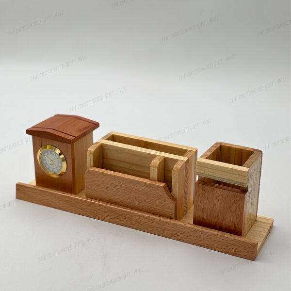 Elegant Wooden Pen Stand with Clock, Card Holder, and Multi-Utility Organizer - Image 3