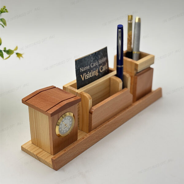 Elegant Wooden Pen Stand with Clock, Card Holder, and Multi-Utility Organizer - Image 4