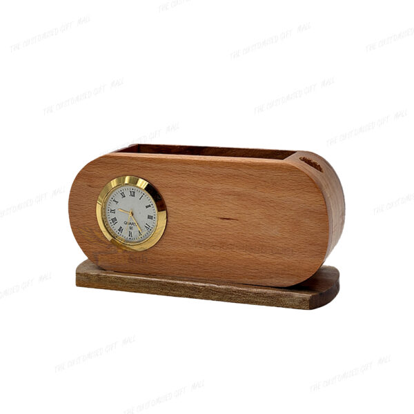 A Blend of Timeless Craftsmanship and Modern Utility – Elegant Wooden Pen Stand with Built-in Clock