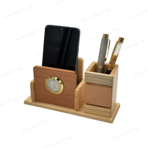A Perfect Desk Companion – Elegant Wooden Pen Stand with Clock and Multi-Utility Organizer