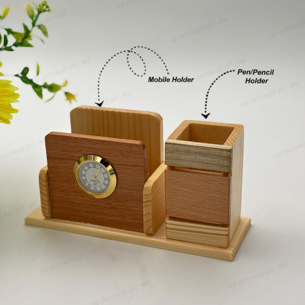 A Perfect Desk Companion – Elegant Wooden Pen Stand with Clock and Multi-Utility Organizer - Image 2