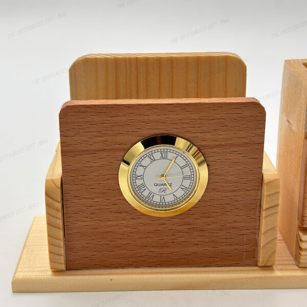 A Perfect Desk Companion – Elegant Wooden Pen Stand with Clock and Multi-Utility Organizer - Image 3