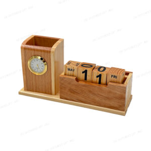 A Perfect Blend of Functionality and Style – Elegant Wooden Pen Stand with Clock and Perpetual Calendar