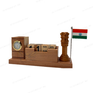 A Symbol of Pride, Elegance, and Functionality – Premium Wooden Pen Stand with Clock, Perpetual Calendar, Ashoka Pillar & Indian Flag