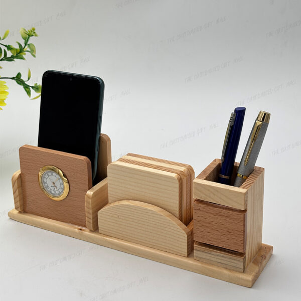 A Perfect Blend of Utility and Elegance - Premium Wooden Multipurpose Pen Stand with Clock, Mobile Holder & Organizer - Image 4