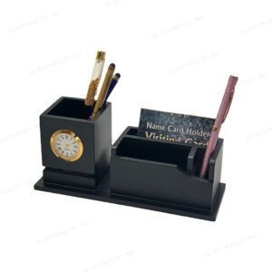 Elegant Wooden Pen Stand with Clock and Business Card Holder – With Custom Company Branding
