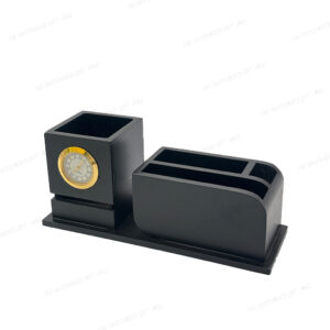 Premium Wooden Pen Stand with Clock and Business Card Holder – With Laser-Marked Company Branding