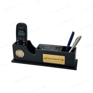 Premium Wooden Desk Organizer with Clock and Name Plate – Customizable with Laser-Marked Company Branding